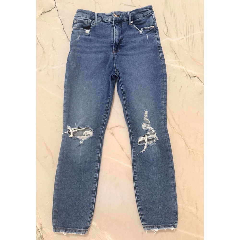 Good American Distressed Skinny Jeans Indigo Blue Raw Hem GLCSBP941T Womens 0/24